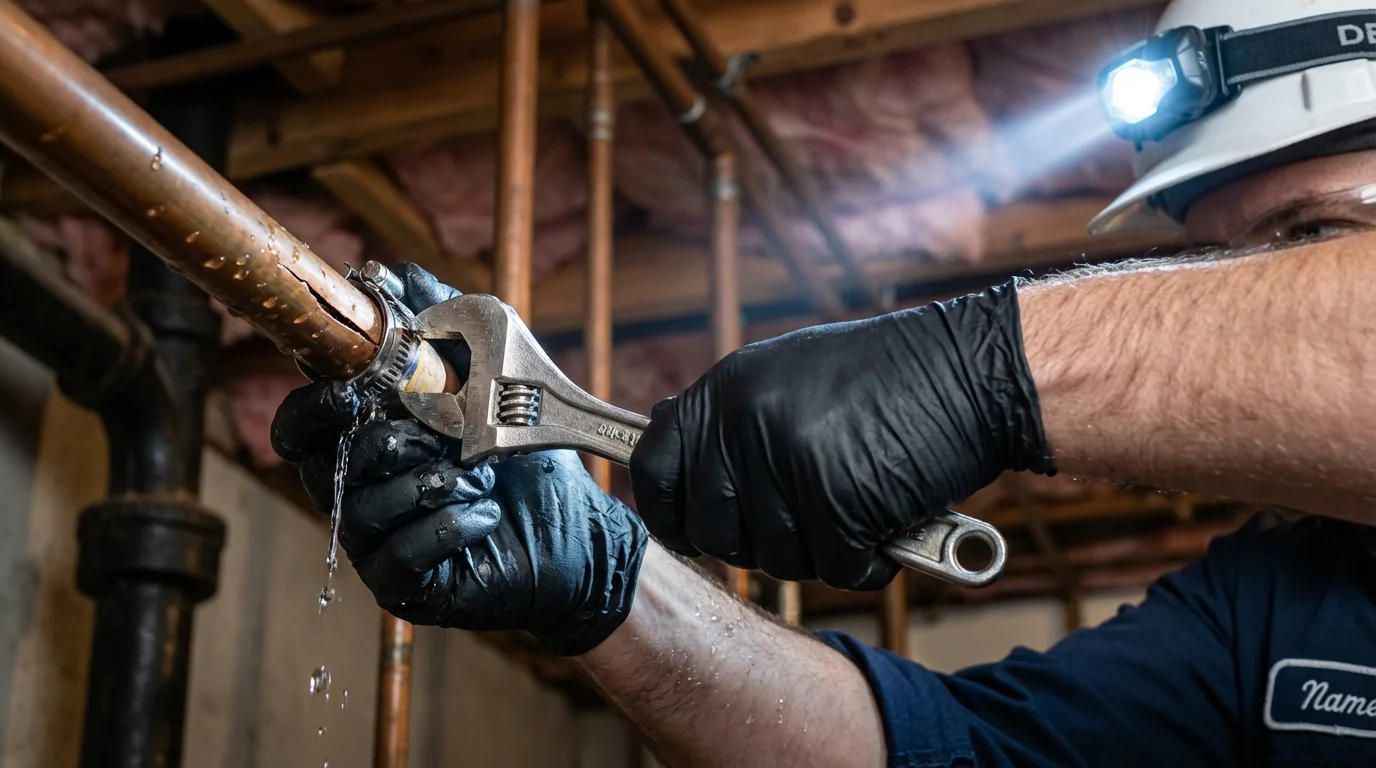 Emergency pipe clamp repair being performed by a Johns Plumbing LLC plumber in Sanborn
