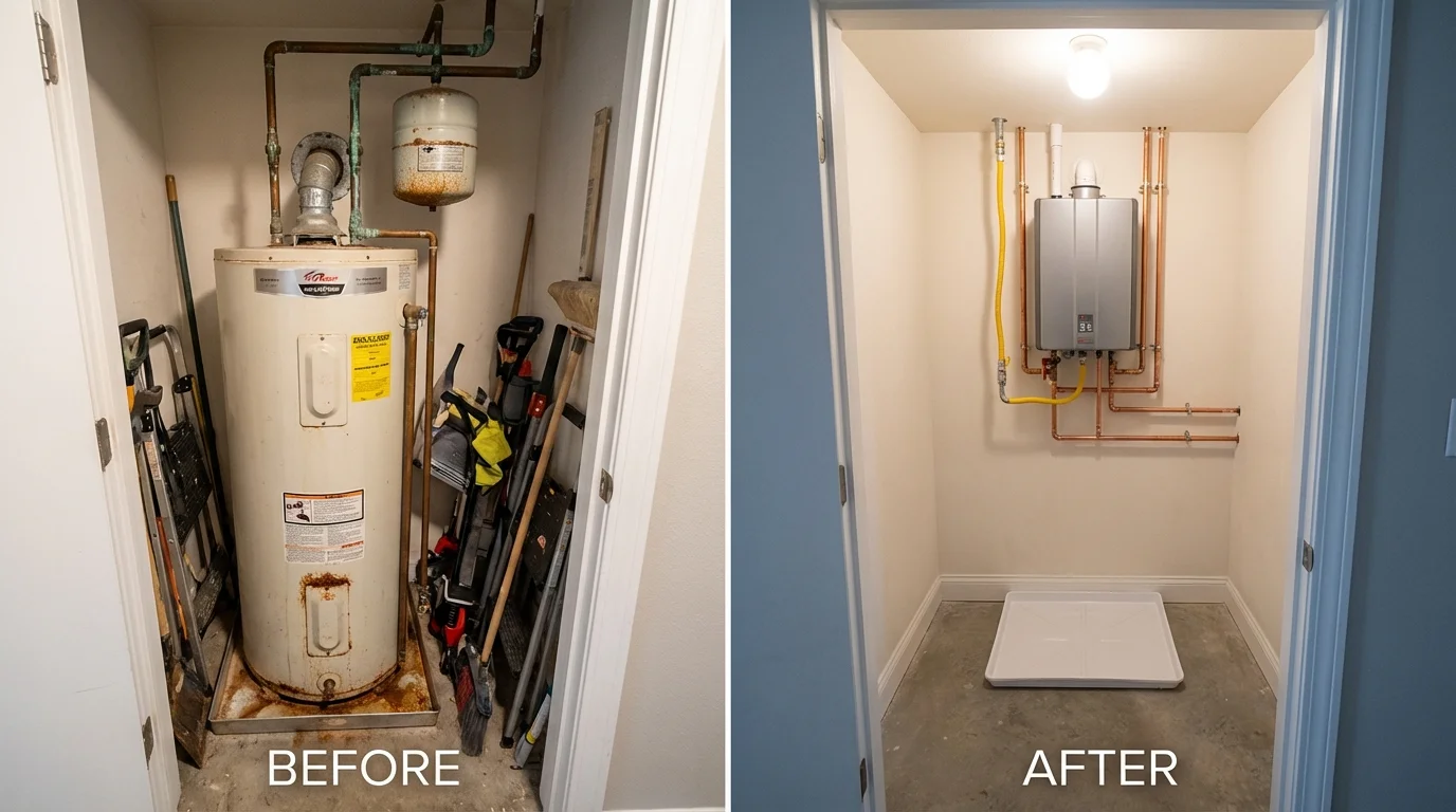 Tank water heater versus wall-mounted tankless unit comparison for Sanborn, IA homeowners