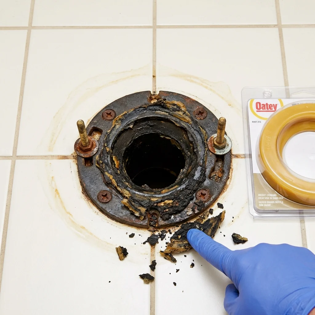 Failed wax ring showing water seepage at the base of a toilet in a Sanborn, IA home