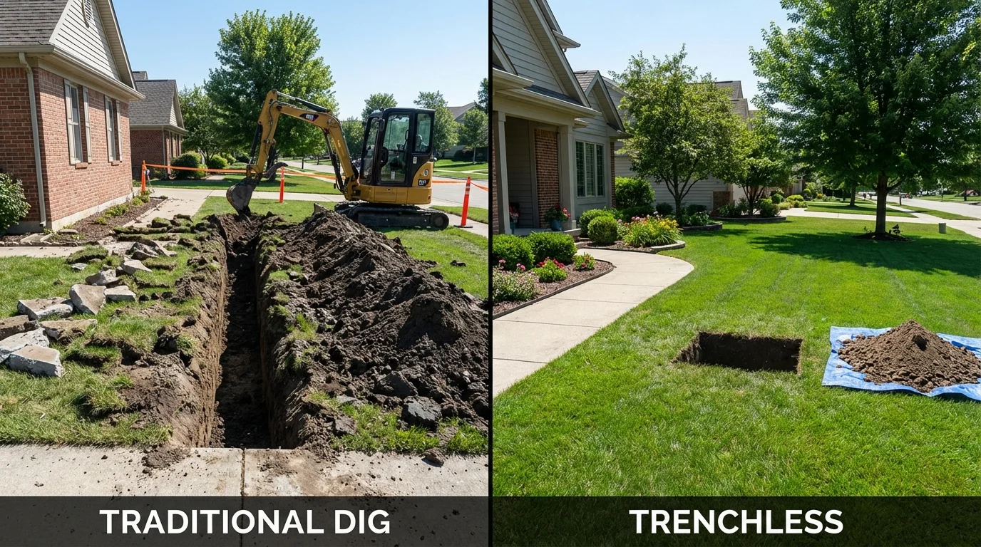 Trenchless sewer repair with minimal yard damage versus traditional excavation in Sanborn, IA