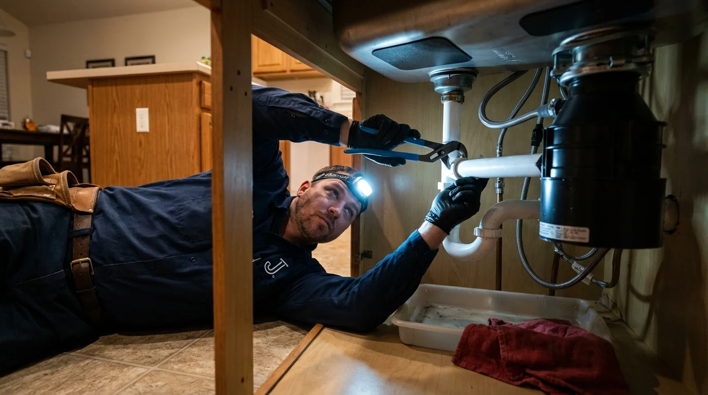 P-trap and supply line connections under a kitchen sink showing a common leak point in Sanborn, IA